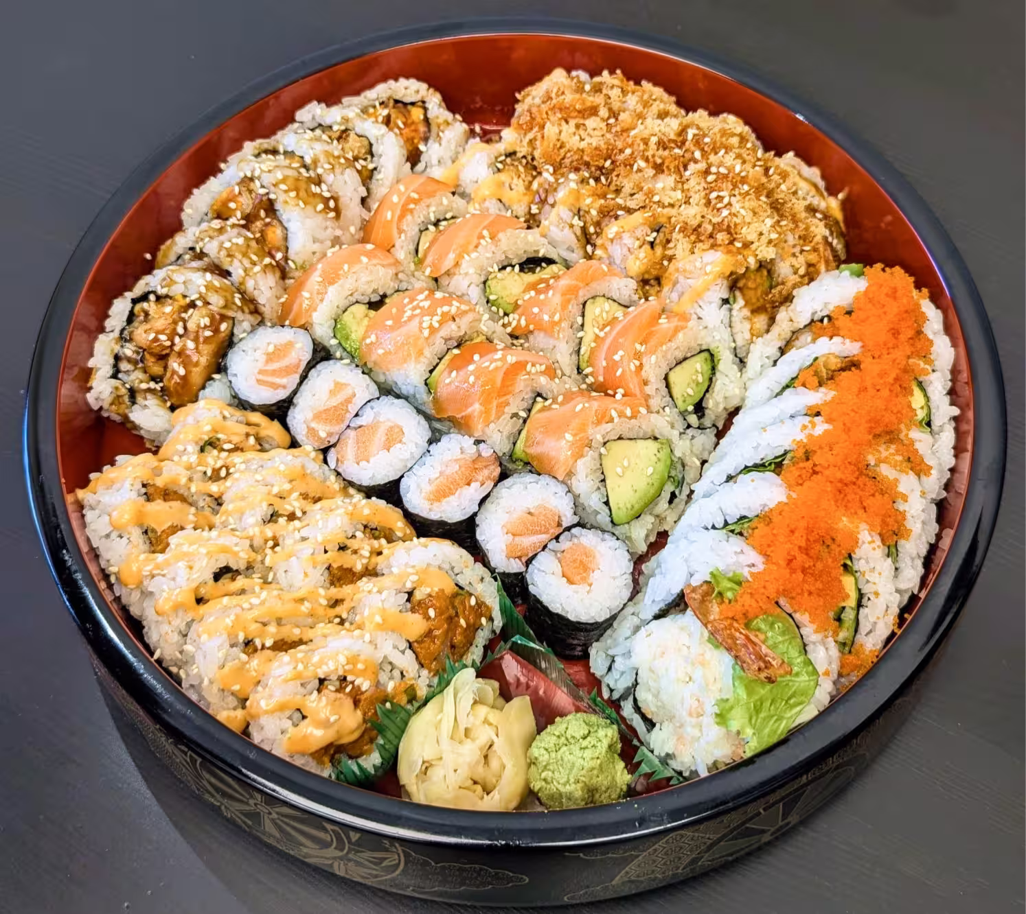 Sushi Monster party tray with assorted sushi rolls